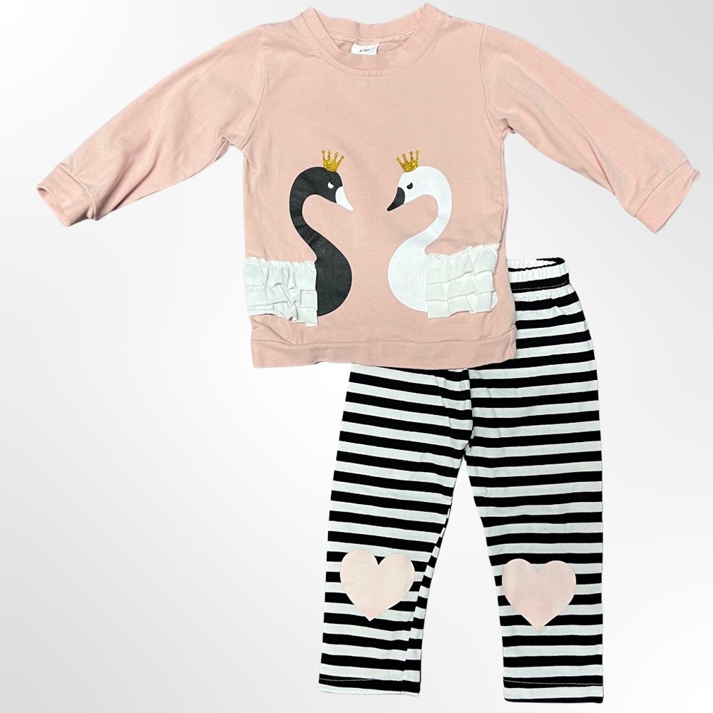 PATPAT | SWAN & STRIPE PRINT 2PC SET | PINK/BLACK | HEARTS | BABY GIRL | 6-9M